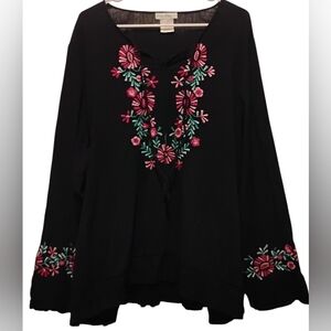 Embroidered Black Women’s Peasant Top with Pink Floral Detail